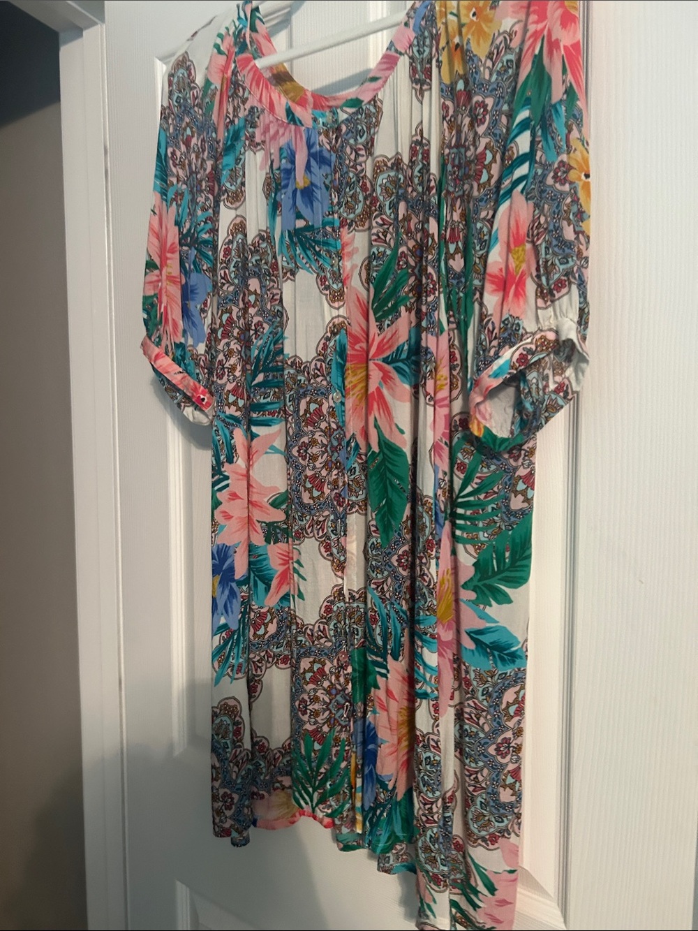 Johnny Was Floral Tropical Mini Dress in Cream, Pink, Green, Blue
